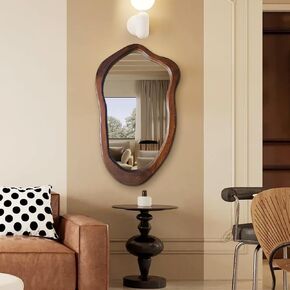Irregular Wall Mirror 40"x24", Walnut Asymmetrical Mirror, Wood Bathroom Mirrors Wall Mounted, Wall Mirrors Decorative for Living Room, Bedroom, Bathroom, Hallway, Entryway in Saudi Arabia