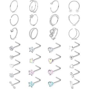 Hypoallergenic Nose Rings for Women - 20G Surgical Stainless Steel Nose Ring Hoops CZ Screw L Shaped Nose Studs Clear Pink Blue CZ Moon Heart Star Nose Piercings Jewelry for Women Men 30PCS Pack in Saudi Arabia
