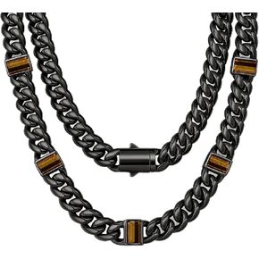 TUNGSTORY 12mm Black Cuban Link Chain for Men - Waterproof 316L Stainless Steel Tiger Eye Stone Necklace for Daily Wear & Streetwear - Hypoallergenic Protective Gemstone Jewelry Gift (22 Inch) in Saudi Arabia