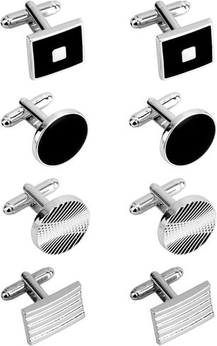 4 Pairs Cufflinks for Men, Classic Colors Round Rectangle & Striped Cufflinks Fashion Cuff Links for Men Wedding Business Party Gift (4 Styles) in Kuwait