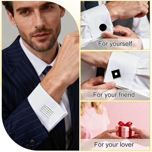 4 Pairs Cufflinks for Men, Classic Colors Round Rectangle & Striped Cufflinks Fashion Cuff Links for Men Wedding Business Party Gift (4 Styles) in Kuwait