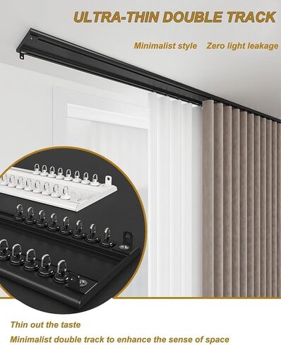 Aluminum Alloy Curtain Tracks,Ultra-Thin Black Aluminum Alloy Double Track Curtain Rod 5.2ft with Rollers & End Caps - Perfect Room Divider for Home Decor & Space Management in Kuwait