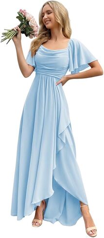 Women's Chiffon Bridesmaid Dresses for Women with Sleeves Split A Line Formal Dress with Pockets AS014 in Saudi Arabia