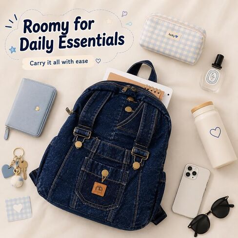 Mini Denim Backpack Women Men - Vintage Canvas Daypack Cute Shoulder Bag Small Aesthetic Bookbag Purse Aesthetic Bag (Navy) in Kuwait