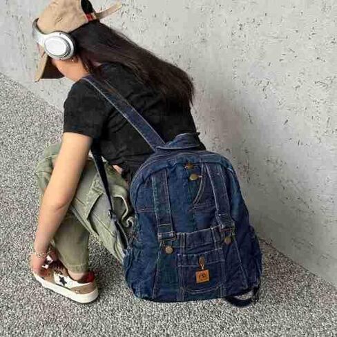 Mini Denim Backpack Women Men - Vintage Canvas Daypack Cute Shoulder Bag Small Aesthetic Bookbag Purse Aesthetic Bag (Navy) in Kuwait