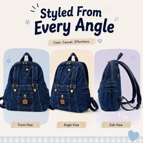 Mini Denim Backpack Women Men - Vintage Canvas Daypack Cute Shoulder Bag Small Aesthetic Bookbag Purse Aesthetic Bag (Navy) in Kuwait