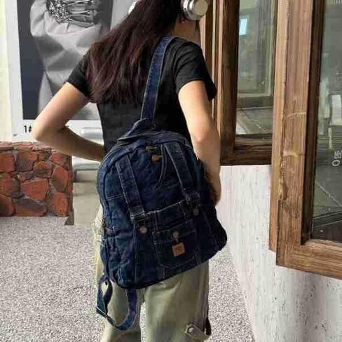 Mini Denim Backpack Women Men - Vintage Canvas Daypack Cute Shoulder Bag Small Aesthetic Bookbag Purse Aesthetic Bag (Navy) in Kuwait