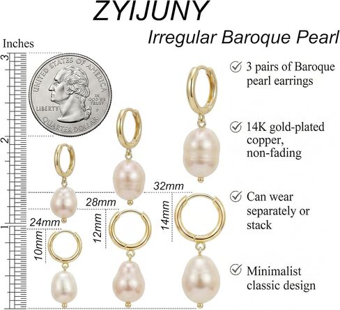 3 Pairs Huggie Hoop Pearl Earrings for Women, 14K Gold Plated Drop Dangle Earring Stackable Dainty Trendy Jewelry Set in Saudi Arabia