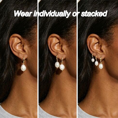 3 Pairs Huggie Hoop Pearl Earrings for Women, 14K Gold Plated Drop Dangle Earring Stackable Dainty Trendy Jewelry Set in Saudi Arabia