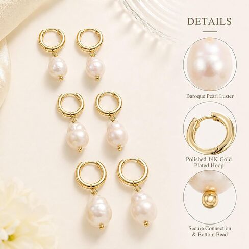 3 Pairs Huggie Hoop Pearl Earrings for Women, 14K Gold Plated Drop Dangle Earring Stackable Dainty Trendy Jewelry Set in Saudi Arabia