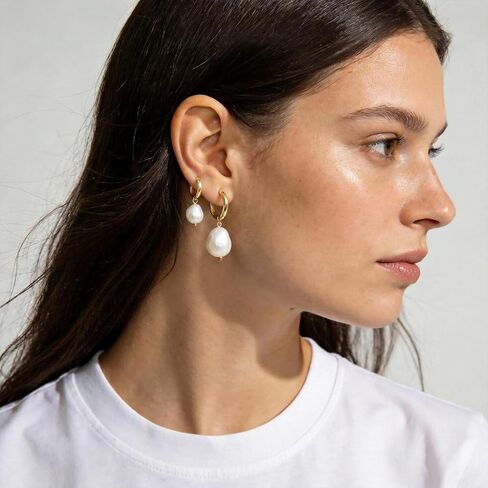 3 Pairs Huggie Hoop Pearl Earrings for Women, 14K Gold Plated Drop Dangle Earring Stackable Dainty Trendy Jewelry Set in Saudi Arabia