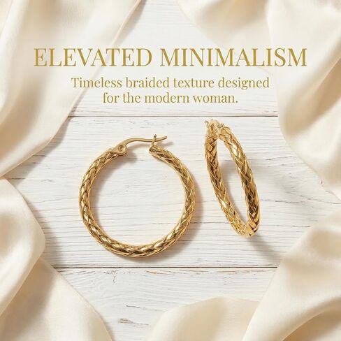 14k Yellow Gold Braided Hoop Earrings for Women, 4mm x 30mm Chunky Textured Twist Fringe Hypoallergenic Womens Hoops Earring, Classic Fashion Daily Wear Jewelry in Saudi Arabia