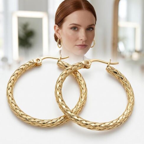 14k Yellow Gold Braided Hoop Earrings for Women, 4mm x 30mm Chunky Textured Twist Fringe Hypoallergenic Womens Hoops Earring, Classic Fashion Daily Wear Jewelry in Saudi Arabia