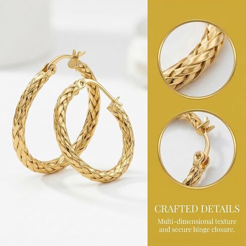 14k Yellow Gold Braided Hoop Earrings for Women, 4mm x 30mm Chunky Textured Twist Fringe Hypoallergenic Womens Hoops Earring, Classic Fashion Daily Wear Jewelry in Saudi Arabia