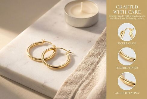 14K Gold Hoop Earrings for Women 14K Gold Earrings Classic Shiny Polished Round Big Hoop Earring for Women Hypoallergenic Womens Earring Hoops 20/30/40/50mm in Kuwait