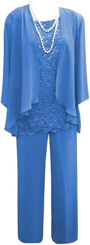 3 Pieces Chiffon Mother of the Bride Pant Suits for Wedding Guest Dresses Lace Formal Outfits for Women with Jacket in Saudi Arabia