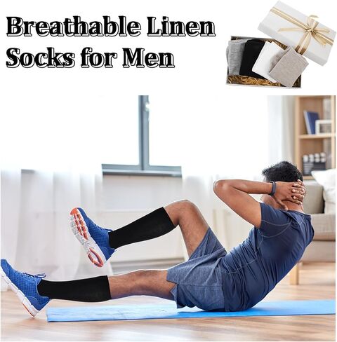 Twistover 4 Pairs Knee High Linen Socks for Men Thin Moisture-wicking Breathable Linen Socks Dress Stockings for Outfits Formal Wear Combinations Casual Working in Kuwait