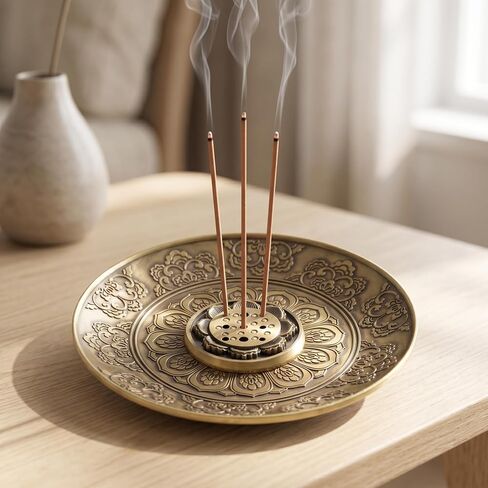 Lotus Incense Holder with Ash Catcher Relief Flower Bronze Round Incense Burners Stick Holders for Home Bedroom Office Tea House Yoga Meditation in Kuwait