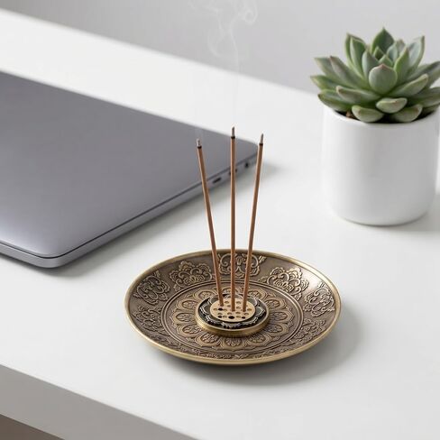 Lotus Incense Holder with Ash Catcher Relief Flower Bronze Round Incense Burners Stick Holders for Home Bedroom Office Tea House Yoga Meditation in Kuwait
