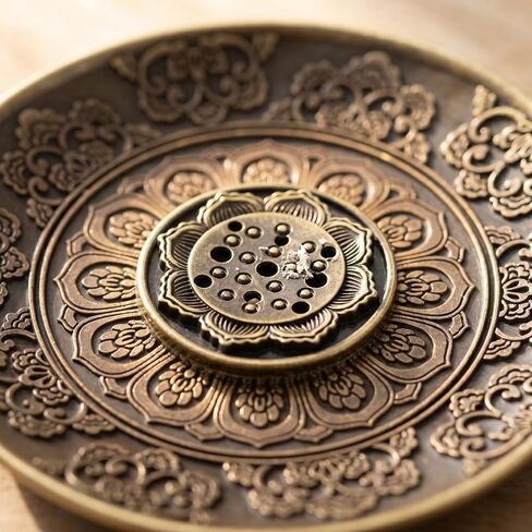 Lotus Incense Holder with Ash Catcher Relief Flower Bronze Round Incense Burners Stick Holders for Home Bedroom Office Tea House Yoga Meditation in Kuwait