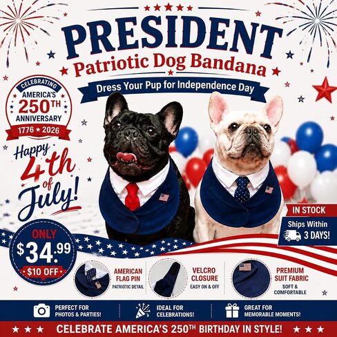 Presidential Dog Bandana Costume for Independence Day & 4th of July, Patriotic USA Pet Outfit with Red Tie & Blue Polka Dot Bow Tie, BBQ Party Photo Costume (Red, X-Small) in Kuwait