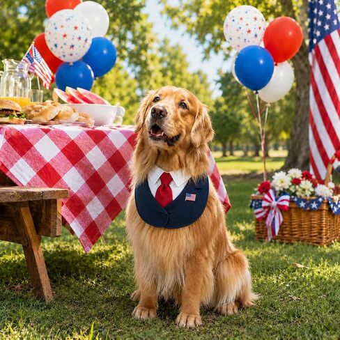 Presidential Dog Bandana Costume for Independence Day & 4th of July, Patriotic USA Pet Outfit with Red Tie & Blue Polka Dot Bow Tie, BBQ Party Photo Costume (Red, X-Small) in Kuwait