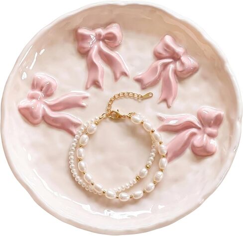Ceramic Jewelry Tray Ring Dish Holder for Women, Trinket Plate Bowl with Pink Bow, Large Jewelry Organizer for Vanity Decor, Home Decoration for Her Mother's Day in Saudi Arabia