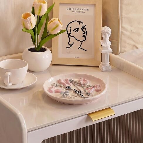 Ceramic Jewelry Tray Ring Dish Holder for Women, Trinket Plate Bowl with Pink Bow, Large Jewelry Organizer for Vanity Decor, Home Decoration for Her Mother's Day in Saudi Arabia