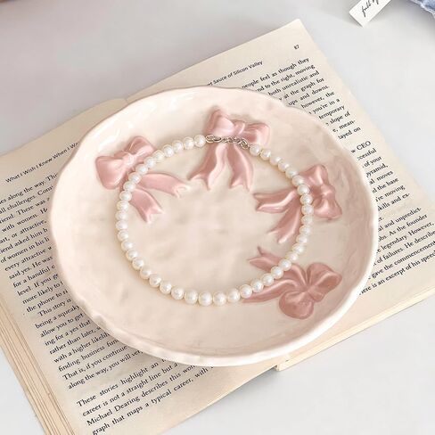 Ceramic Jewelry Tray Ring Dish Holder for Women, Trinket Plate Bowl with Pink Bow, Large Jewelry Organizer for Vanity Decor, Home Decoration for Her Mother's Day in Saudi Arabia