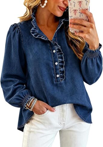 Denim Shirt Women Puff Long Sleeve Jean Shirt Half Button Neck Ruffle Top Peplum Denim Top Dressy Loose Fit Tunic Tops in Saudi Arabia