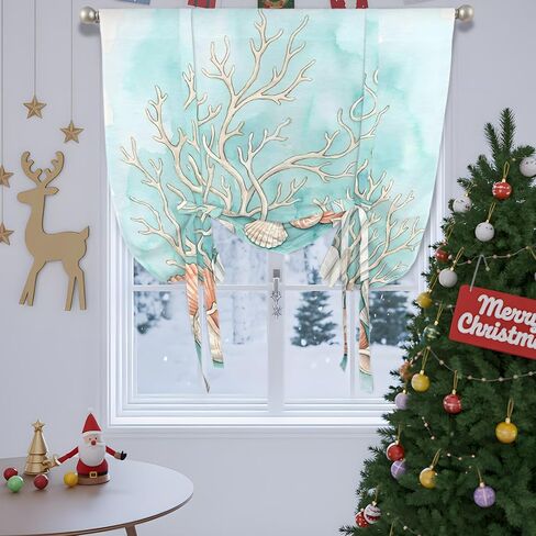 Coastal Seashells Tie Up Curtains for Windows 45 Inch Length Balloon Curtains Kitchen Adjustable Balloon Window Shade Watercolor Ocean Coral Conch Blue Green Tie Up Bathroom Curtain Window 52"x45" in Saudi Arabia