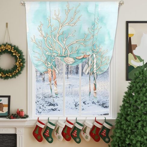 Coastal Seashells Tie Up Curtains for Windows 45 Inch Length Balloon Curtains Kitchen Adjustable Balloon Window Shade Watercolor Ocean Coral Conch Blue Green Tie Up Bathroom Curtain Window 52"x45" in Saudi Arabia