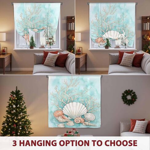 Coastal Seashells Tie Up Curtains for Windows 45 Inch Length Balloon Curtains Kitchen Adjustable Balloon Window Shade Watercolor Ocean Coral Conch Blue Green Tie Up Bathroom Curtain Window 52"x45" in Saudi Arabia