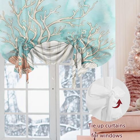 Coastal Seashells Tie Up Curtains for Windows 45 Inch Length Balloon Curtains Kitchen Adjustable Balloon Window Shade Watercolor Ocean Coral Conch Blue Green Tie Up Bathroom Curtain Window 52"x45" in Saudi Arabia
