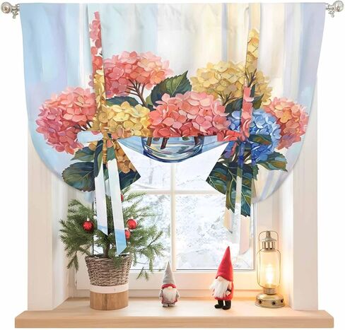 Spring Hydrangea Tie Up Curtains for Windows 45 Inch Length Balloon Curtains Kitchen Adjustable Balloon Window Shade Watercolor Flower Bouquet Leaves Floral Tie Up Bathroom Curtain Window 42"x45" in Saudi Arabia