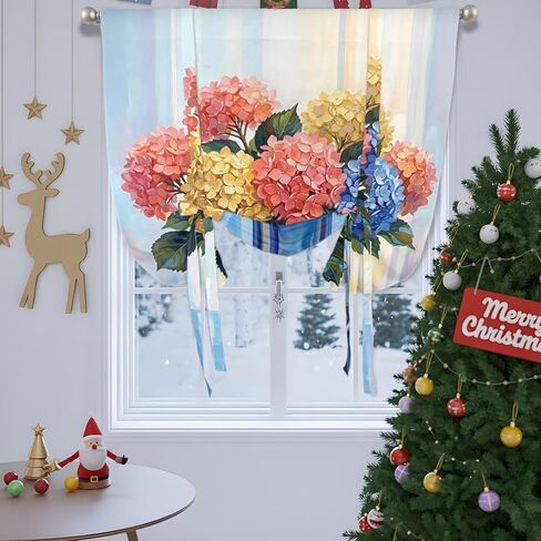Spring Hydrangea Tie Up Curtains for Windows 45 Inch Length Balloon Curtains Kitchen Adjustable Balloon Window Shade Watercolor Flower Bouquet Leaves Floral Tie Up Bathroom Curtain Window 42"x45" in Saudi Arabia