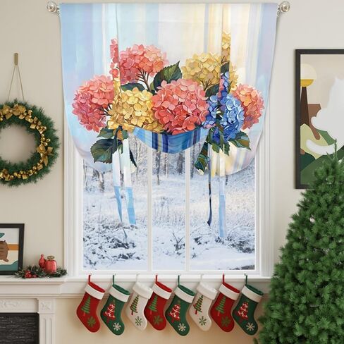Spring Hydrangea Tie Up Curtains for Windows 45 Inch Length Balloon Curtains Kitchen Adjustable Balloon Window Shade Watercolor Flower Bouquet Leaves Floral Tie Up Bathroom Curtain Window 42"x45" in Saudi Arabia