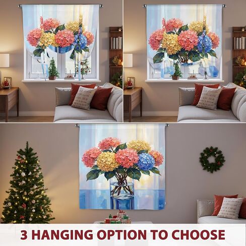 Spring Hydrangea Tie Up Curtains for Windows 45 Inch Length Balloon Curtains Kitchen Adjustable Balloon Window Shade Watercolor Flower Bouquet Leaves Floral Tie Up Bathroom Curtain Window 42"x45" in Saudi Arabia