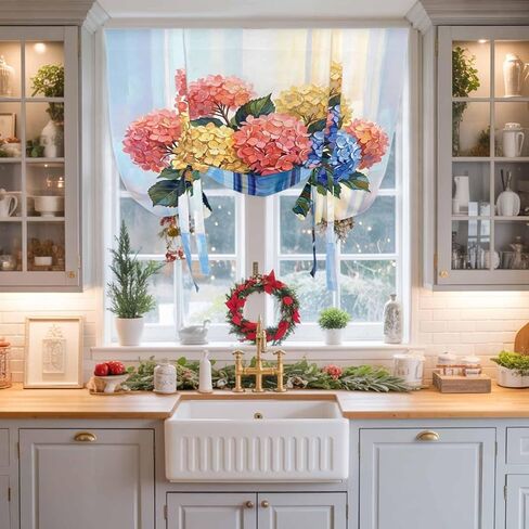 Spring Hydrangea Tie Up Curtains for Windows 45 Inch Length Balloon Curtains Kitchen Adjustable Balloon Window Shade Watercolor Flower Bouquet Leaves Floral Tie Up Bathroom Curtain Window 42"x45" in Saudi Arabia