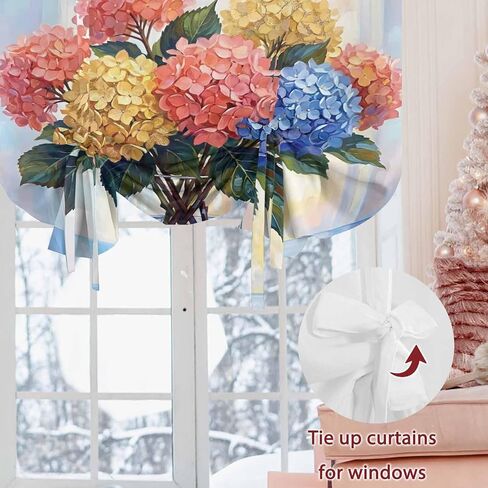 Spring Hydrangea Tie Up Curtains for Windows 45 Inch Length Balloon Curtains Kitchen Adjustable Balloon Window Shade Watercolor Flower Bouquet Leaves Floral Tie Up Bathroom Curtain Window 42"x45" in Saudi Arabia