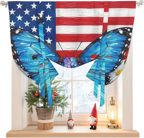 USA Flag 4th of July Tie Up Curtains for Windows 45 Inch Length Balloon Curtains Kitchen Adjustable Balloon Window Shade Butterfly Floral Independence Day Tie Up Bathroom Curtain Window 52"x45" in Saudi Arabia