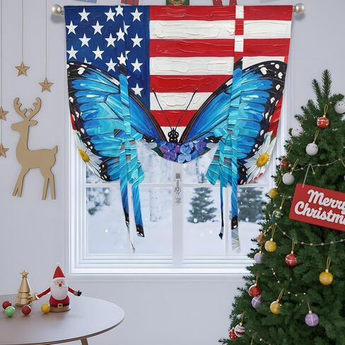 USA Flag 4th of July Tie Up Curtains for Windows 45 Inch Length Balloon Curtains Kitchen Adjustable Balloon Window Shade Butterfly Floral Independence Day Tie Up Bathroom Curtain Window 52"x45" in Saudi Arabia