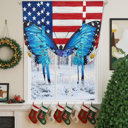 USA Flag 4th of July Tie Up Curtains for Windows 45 Inch Length Balloon Curtains Kitchen Adjustable Balloon Window Shade Butterfly Floral Independence Day Tie Up Bathroom Curtain Window 52"x45" in Saudi Arabia