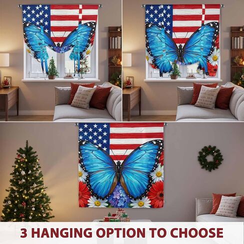 USA Flag 4th of July Tie Up Curtains for Windows 45 Inch Length Balloon Curtains Kitchen Adjustable Balloon Window Shade Butterfly Floral Independence Day Tie Up Bathroom Curtain Window 52"x45" in Saudi Arabia