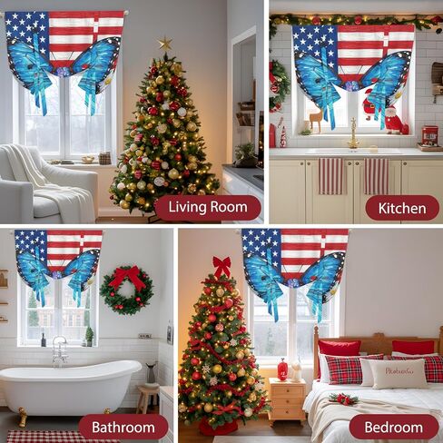 USA Flag 4th of July Tie Up Curtains for Windows 45 Inch Length Balloon Curtains Kitchen Adjustable Balloon Window Shade Butterfly Floral Independence Day Tie Up Bathroom Curtain Window 52"x45" in Saudi Arabia