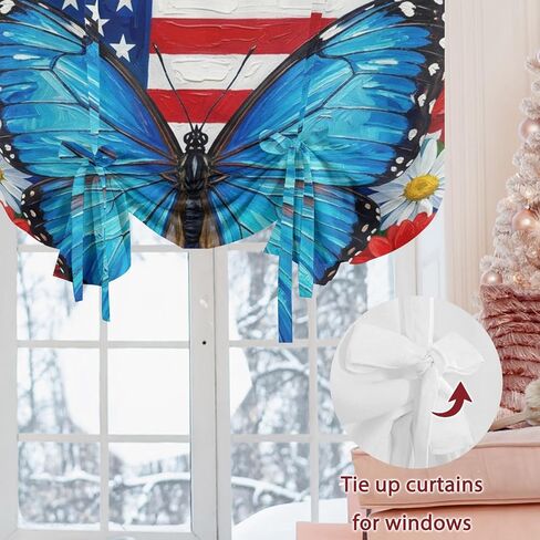 USA Flag 4th of July Tie Up Curtains for Windows 45 Inch Length Balloon Curtains Kitchen Adjustable Balloon Window Shade Butterfly Floral Independence Day Tie Up Bathroom Curtain Window 52"x45" in Saudi Arabia