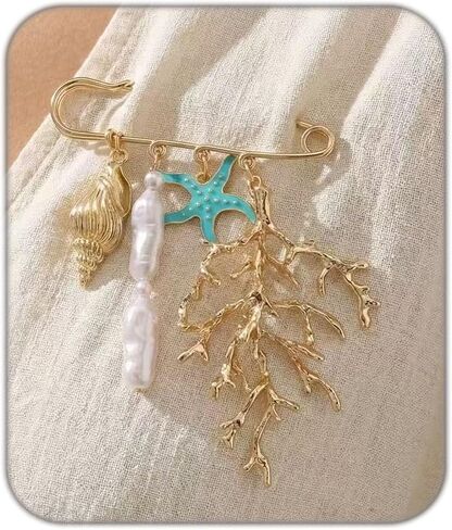 Ocean Style Charm Brooch Pins for Women Enamel Lobster/Crab/Sun/Coral Multi-Pendant Animal Pin Fashion Beaded Pearls Dangle Brooches for Clothes Bag Accessory in Kuwait