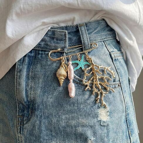 Ocean Style Charm Brooch Pins for Women Enamel Lobster/Crab/Sun/Coral Multi-Pendant Animal Pin Fashion Beaded Pearls Dangle Brooches for Clothes Bag Accessory in Kuwait