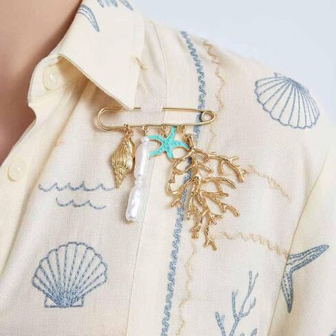 Ocean Style Charm Brooch Pins for Women Enamel Lobster/Crab/Sun/Coral Multi-Pendant Animal Pin Fashion Beaded Pearls Dangle Brooches for Clothes Bag Accessory in Kuwait