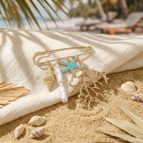 Ocean Style Charm Brooch Pins for Women Enamel Lobster/Crab/Sun/Coral Multi-Pendant Animal Pin Fashion Beaded Pearls Dangle Brooches for Clothes Bag Accessory in Kuwait